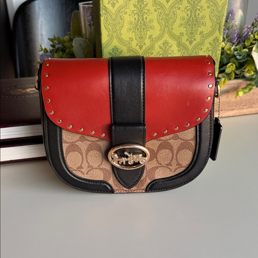 COACH  Black Georgie Saddle Bag Signature Canvas Flap C3593